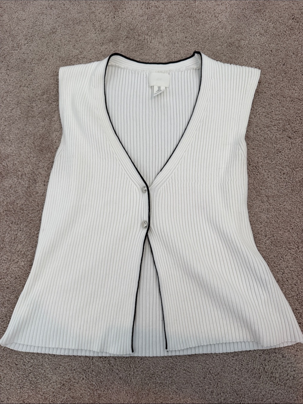 Sleeveless Ribbed V-Neck Top with Contrast Trim - White